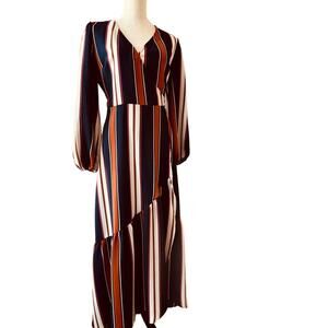 Ruffled Hemline Flowy Striped Maxi Wrap Dress (for Macys) Size Small Blue Orange